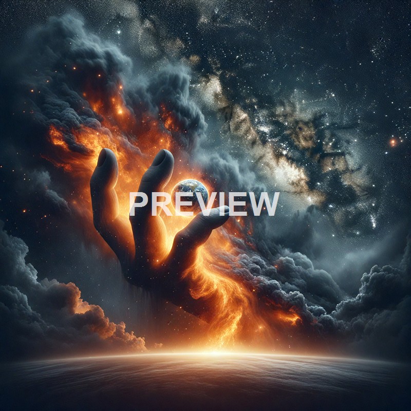 A surreal digital artwork depicts a giant hand emerging from fiery clouds in space, holding a small Earth with a backdrop of stars and the Milky Way galaxy.